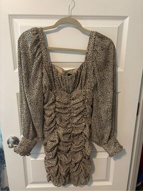 Ruched Leopard Print Mini Dress in Beige and Black